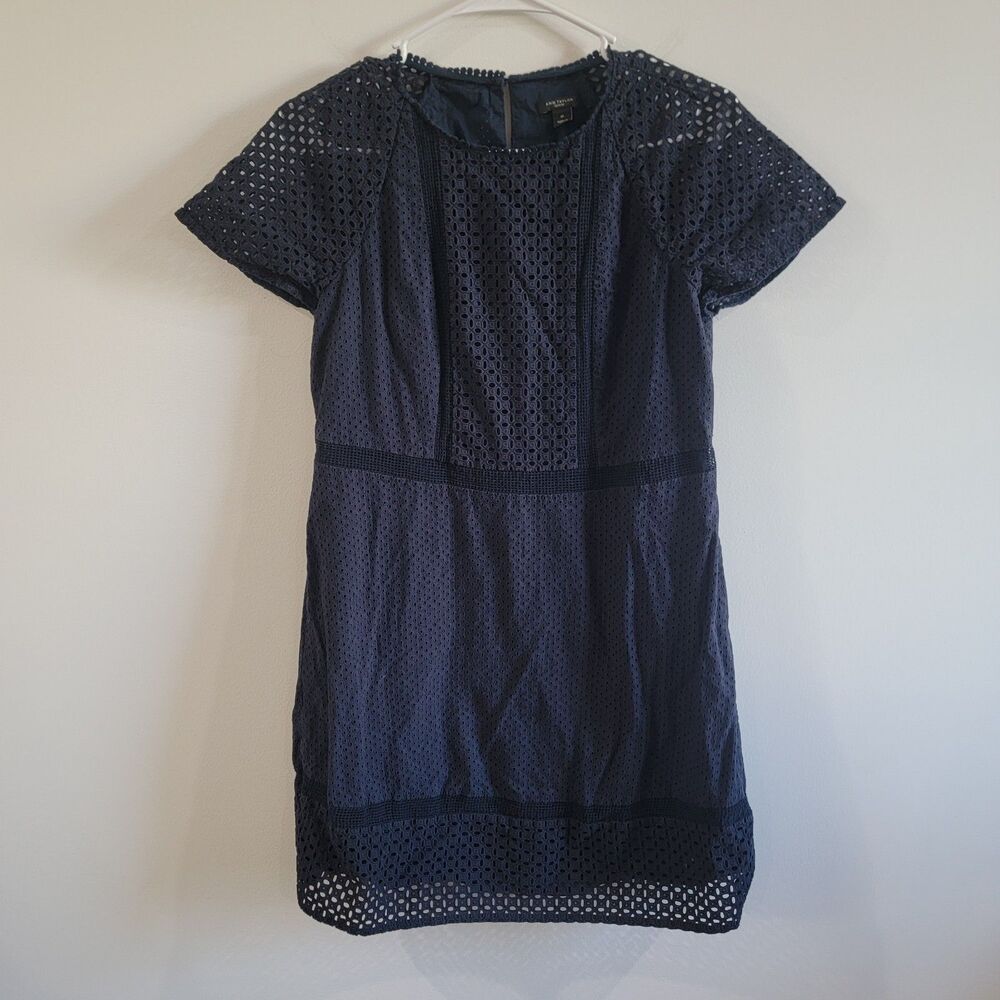 Ann Taylor Womens Mini Dress Size 4 Petite Blue Floral Eyelet Pencil Sheath